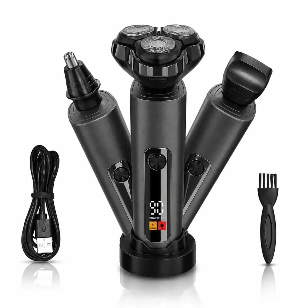 Barbeador Elétrico 3 Cabeças Rotativas com Tela LED, IPX7 à Prova d'Água, Carregamento Tipo C, Motor Silencioso, Uso Doméstico e Viagem