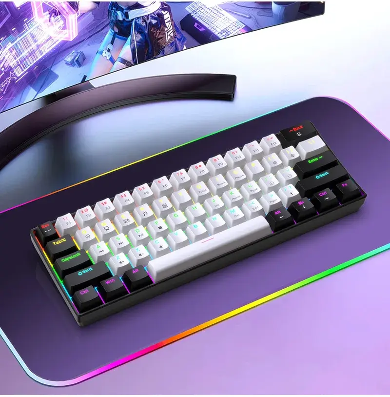 Teclado mecânico para jogos com 61 teclas, retroiluminação RGB, design ultracompacto e formato mini, ideal para jogadores de PC/Mac e para quem gosta de digitar.