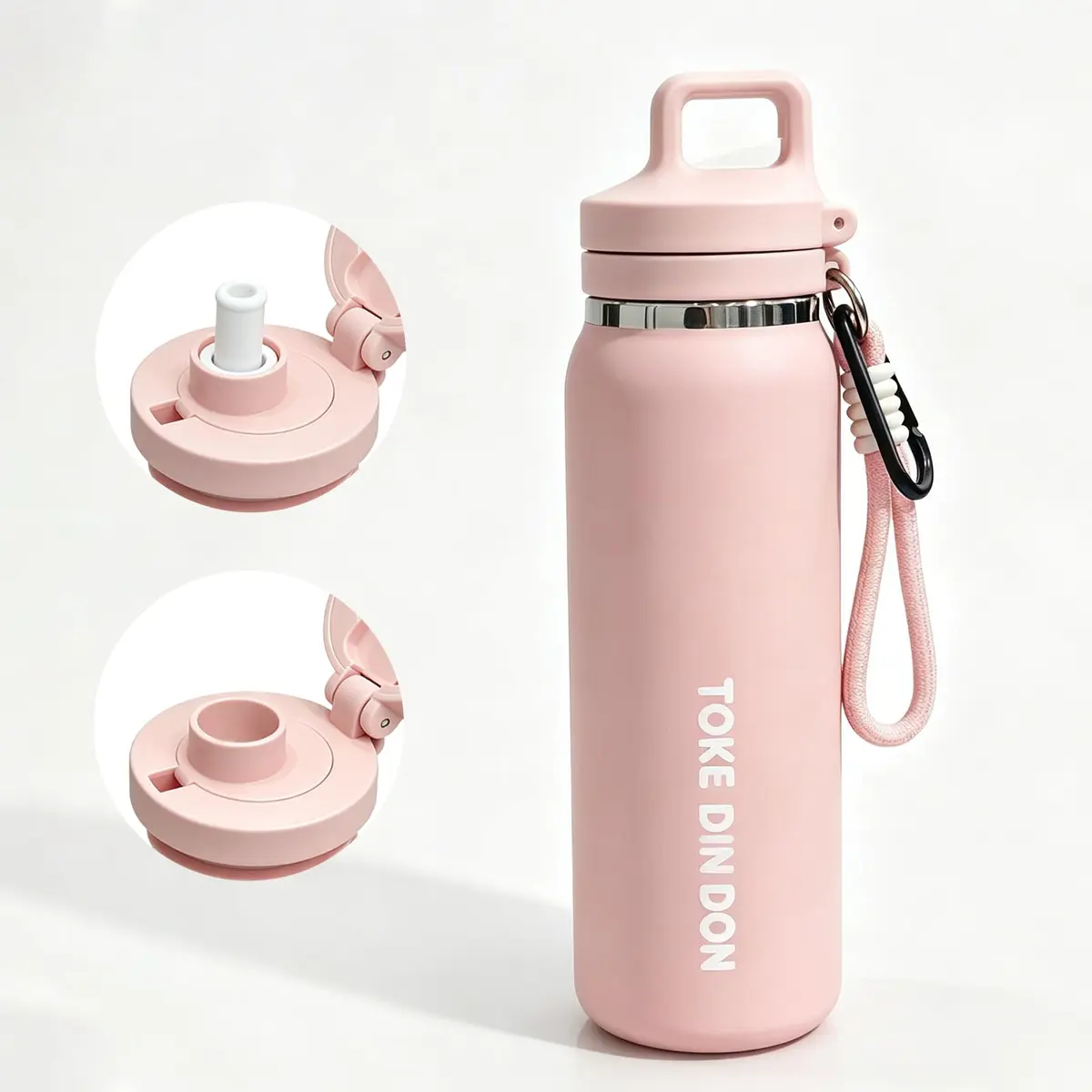 TOKE DIN DON Garrafa Térmica 600ml| com Canudo Removível | Quick Flip |Rosa | Copo Térmico com Cordão| Squeeze Esportivo Inox 316 |Alça Integrada| Isolamento 24h| Garrafa Termica de Café/Água| Presente