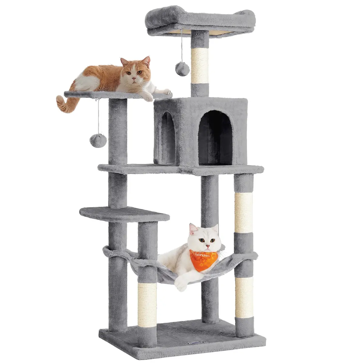 Feandrea Árvore para Gatos, Torre de 137.7 cm com Vários Níveis, 4 Postes Arranhadores, 2 Poleiros, Toca, Rede, Pompom, Cinza Claro BRPCT161W01