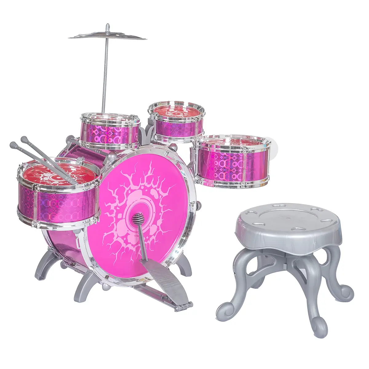 Bateria Infantil Musical Rock N' Roll Com Banquinho Baquetas Pedal E Prato Brinquedo Educativo Completo Certificado Inmetro A Partir De 3 Anos (Rosa)