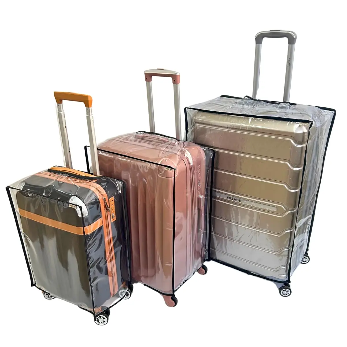 Kit 3 Capas Protetoras para Mala de Viagem P 20" M 24" G 28" em PVC Transparente com Fecho de Contato – Resistente para Bagagem de Bordo e Despacho (Preto)
