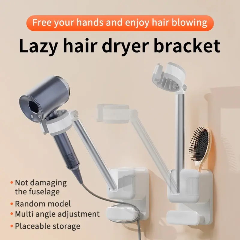 Suporte para secador de cabelo, sem furo, rack de armazenamento para banheiro, organizador de secador de cabelo, montado na parede, suporte para secador de cabelo preguiçoso
