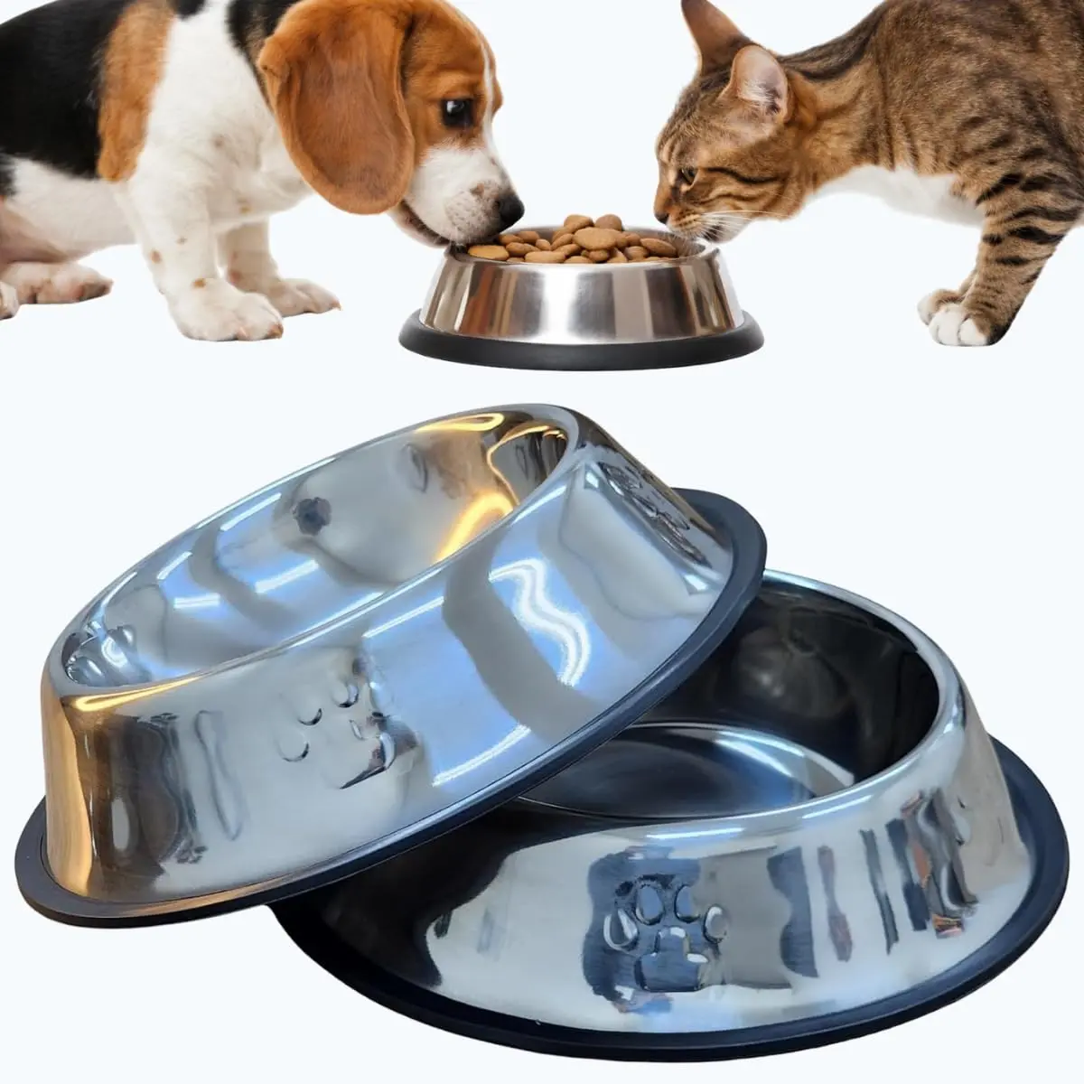 Kit 2 Potes Comedouro e Bebedouro Em Inox Anti Derrapante Tigela Ração Água de Porte Pequeno médio e Grande Cachorro Gato Tamanho P-150ml M-250ml G-500ml GG-800ml
