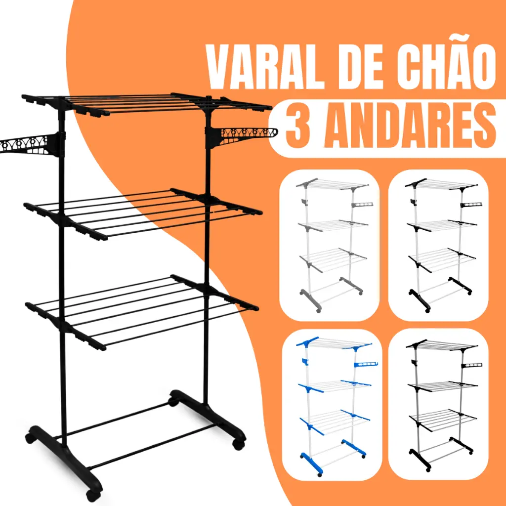 Varal De Chão De Roupas 3 Andares Dobrável Grande 4 Rodas - 1