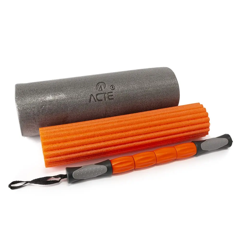 Acte, Rolo de Massagem 3 em 1 Liberação Muscular com Bastão e Acessórios T115, Laranja e Cinza