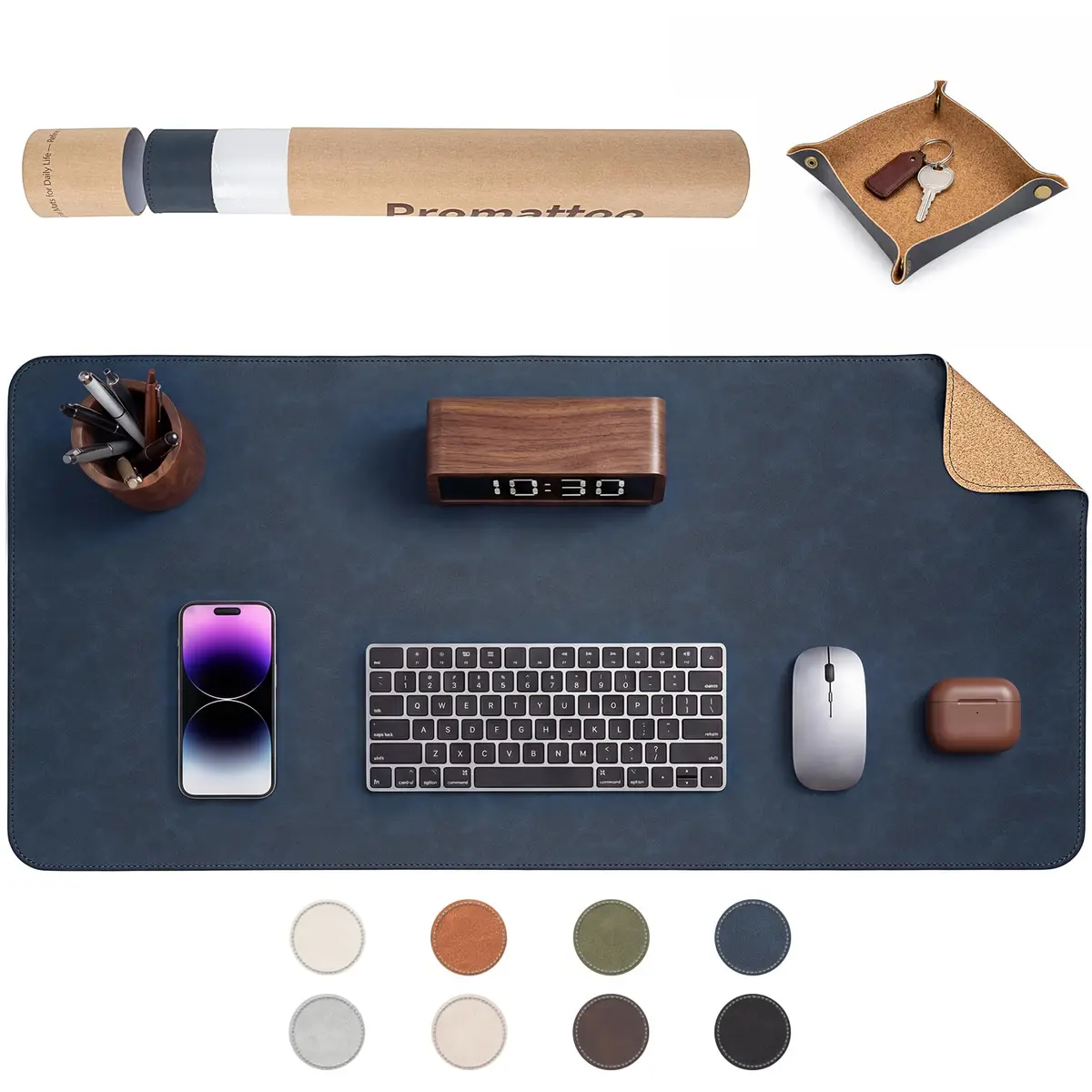 Tapete de mesa grande PROMATTOO dupla face 80x40 cm, com bandeja e tubo | Couro sintético vintage e lado cortiça; para teclado, mouse e notebook, anti-respingos, antiderrapante, Cor: Azul Marinho