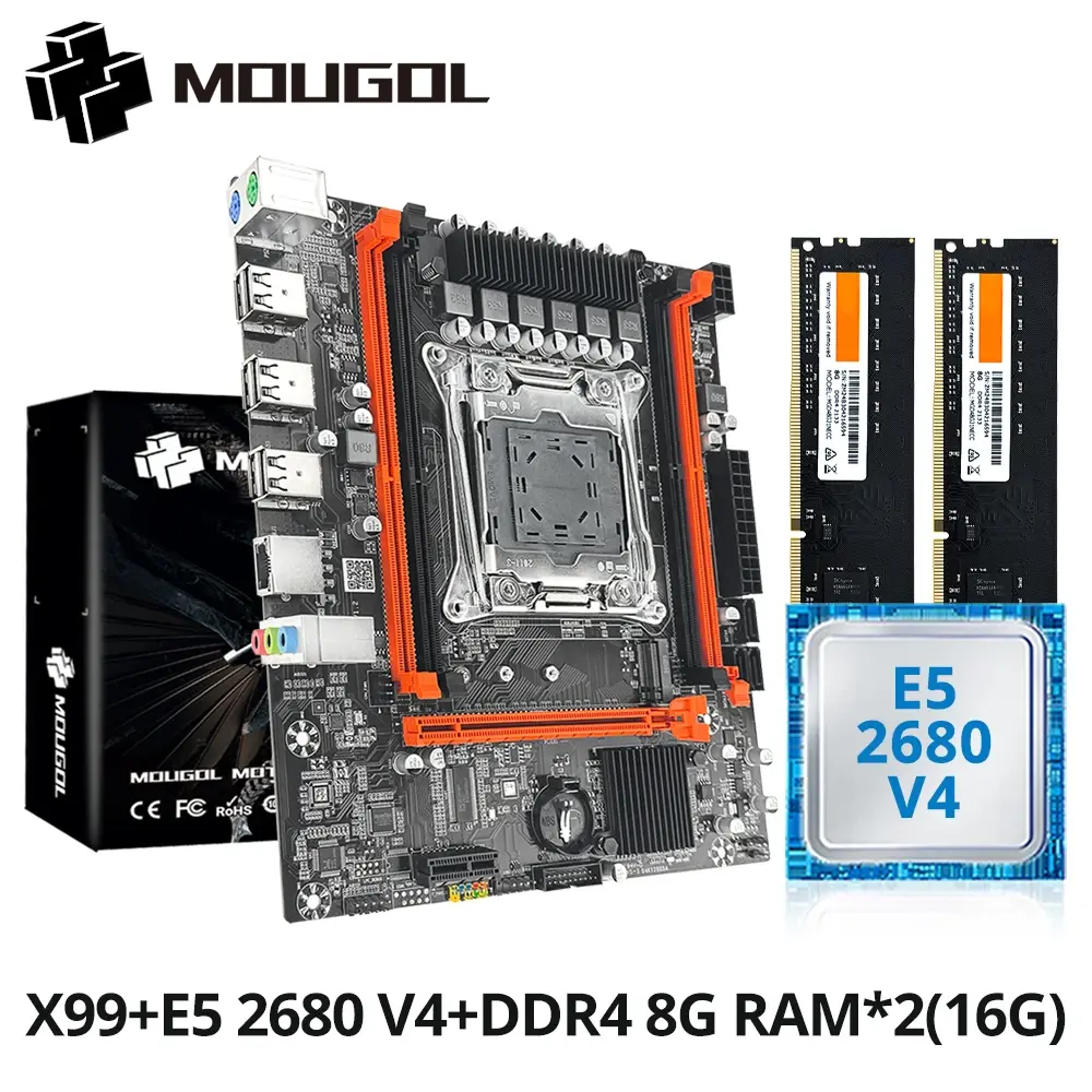 Kit de placa-mãe para jogos MOUGOL X99 com Intel Xeon E5 2680 V4 e DDR4 8Gx2 2133MHz Dual Channel ECC RAM M.2 NVME para PC de mesa