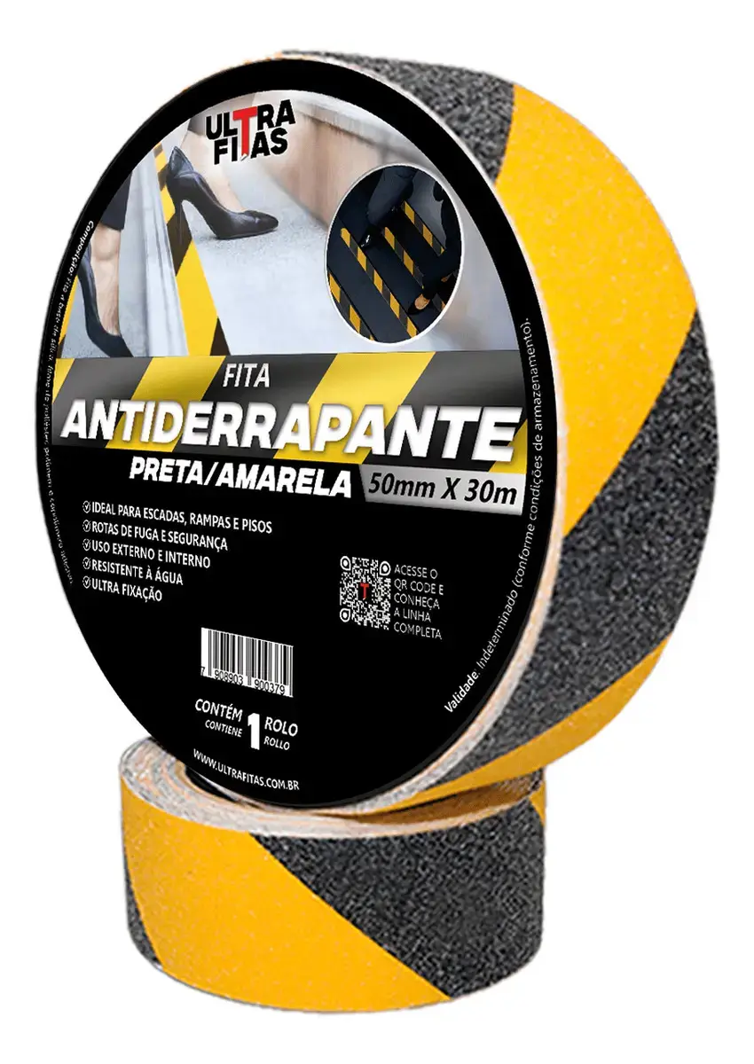 Fita Antiderrapante Ultra Fitas 30m x 50mm Amarelo Preto Escada , Piso