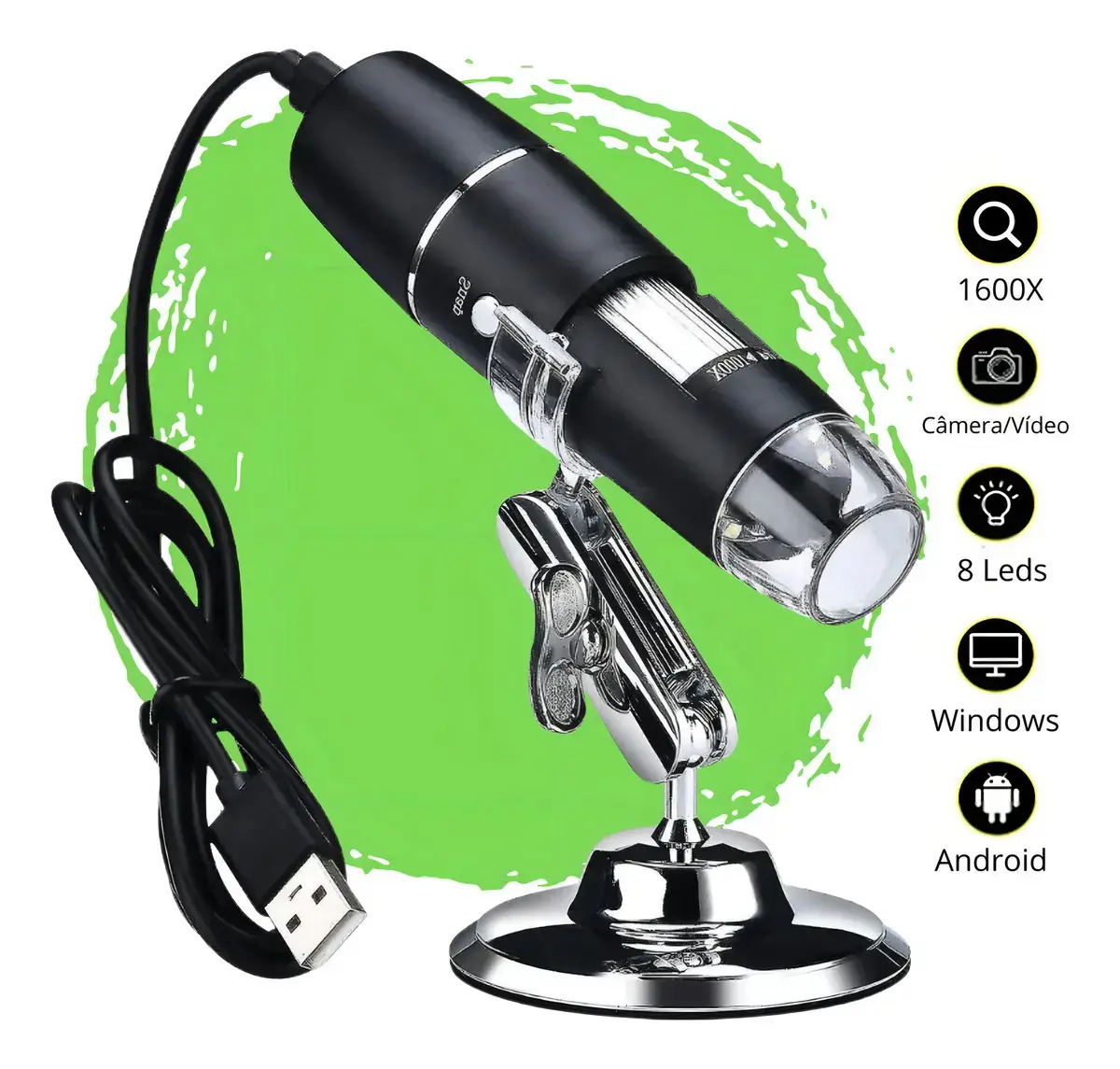Microscópio Digital Zoom 1600x Lupa Microscópica Portátil Profissional Hd Com Cabo Usb Câmera 2.0 Mp Pc Android Tumblr