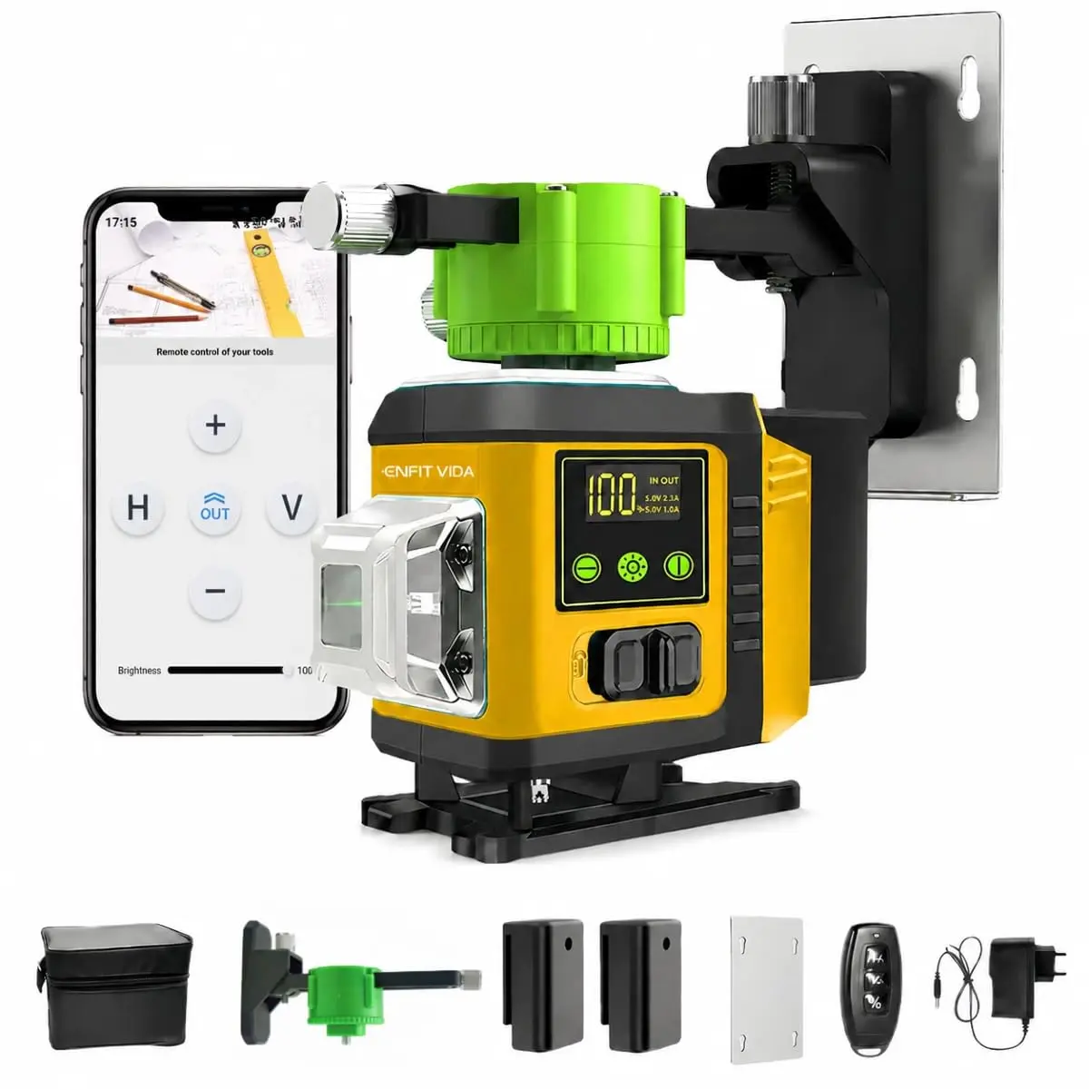 Nível a Laser 12 Linhas Verde 3D 360° Autonivelante, Modo Manual e Pulso, Controle Remoto com APP, Base Magnética, IP54, 2 Baterias de Lítio 2400mAh, Amarelo