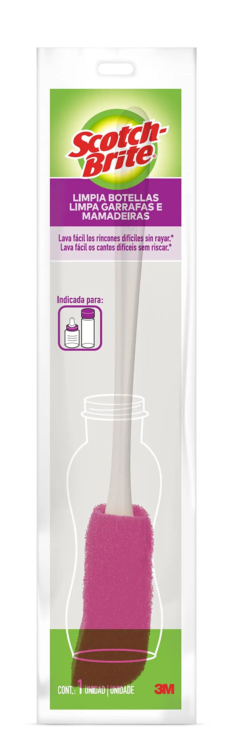 SCOTCH-BRITE 3M Limpador para Garrafa e Mamadeira Cor Rosa 1 Unidade | Flexível, Com Bordas Chanfradas, Indicado para Limpeza Doméstica de Garrafas e Mamadeiras de Alumínio, Vidro e Plástico