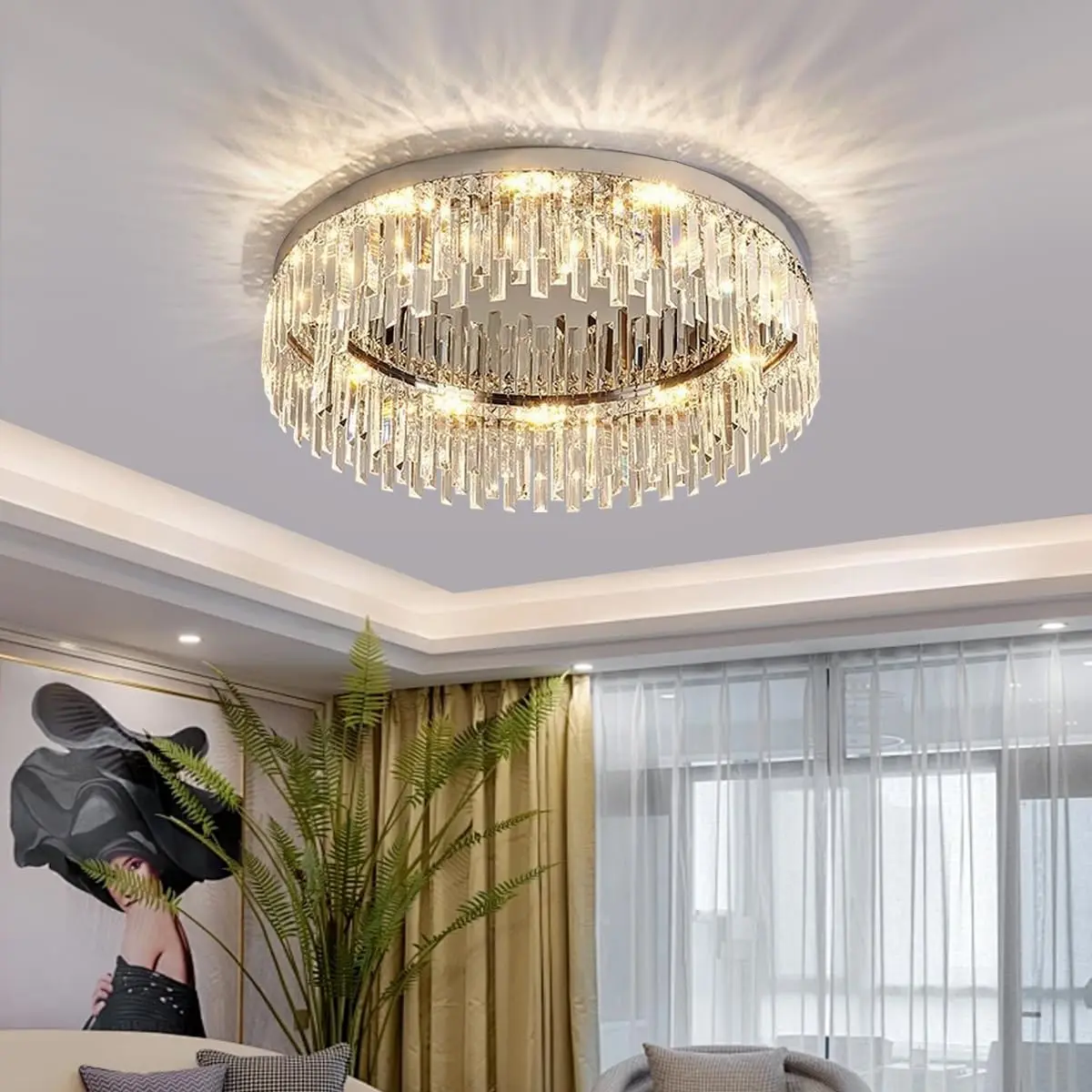 Luminária de Teto Moderna de Cristal com Acabamento Cromado e Prateado | Lustre Pendente Embutido para Corredor, Cozinha, Sala, Quarto, Banheiro e Entrada (Diâm. 45cm)