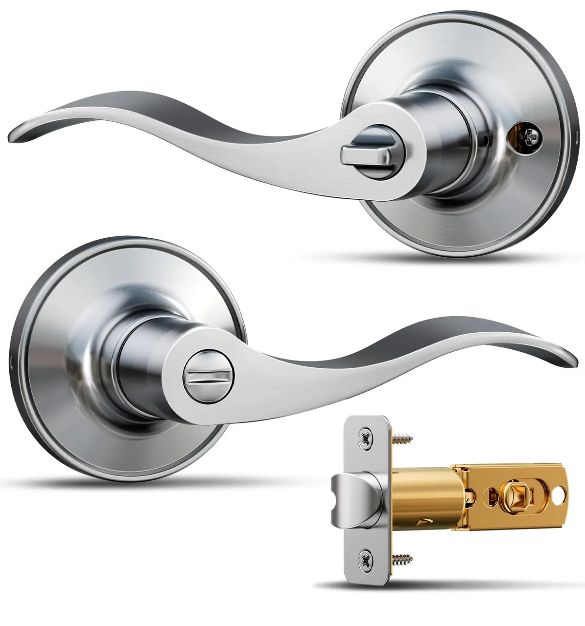 Veise Maçaneta de porta de privacidade, maçanetas interiores estilo ondulado para quarto e banheiro, maçanetas reversíveis sem chave para portas canhotas/direitas, níquel acetinado