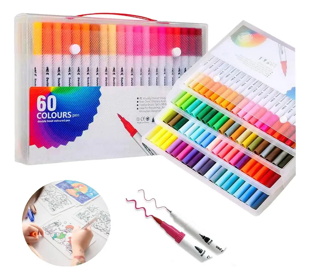 Canetas Brush Pen e Ponta Fina 2 em 1 Kit Profissional para Lettering Caligrafia e Desenho Canetinhas Coloridas Dual Tip para Artistas Estudantes e Adultos (60 cores) - 1