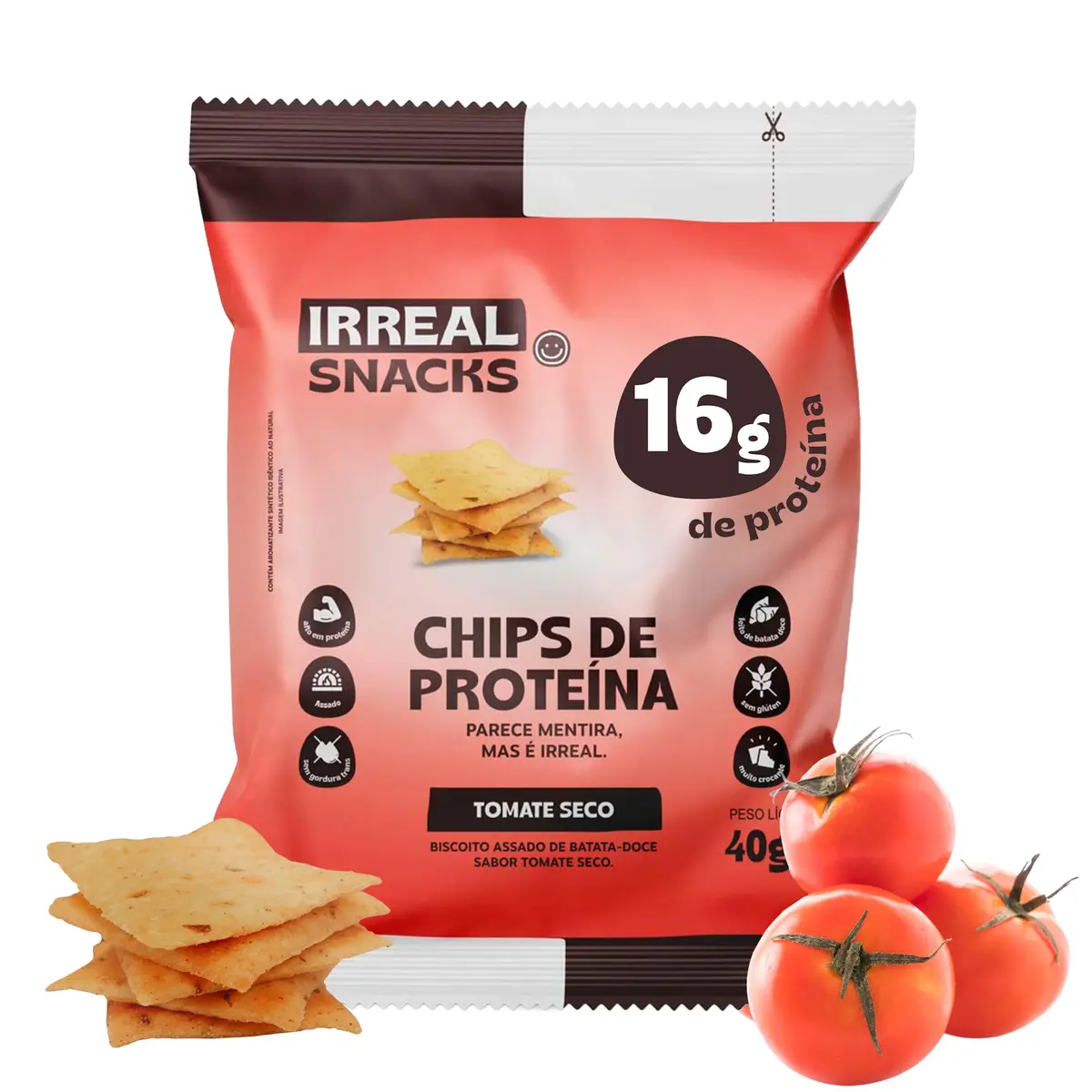 Irreal Snacks, Sabor Tomate Seco, 40g | Snack proteico, Feito com Batata Doce, Caseinato de Cálcio e Proteína de Arroz