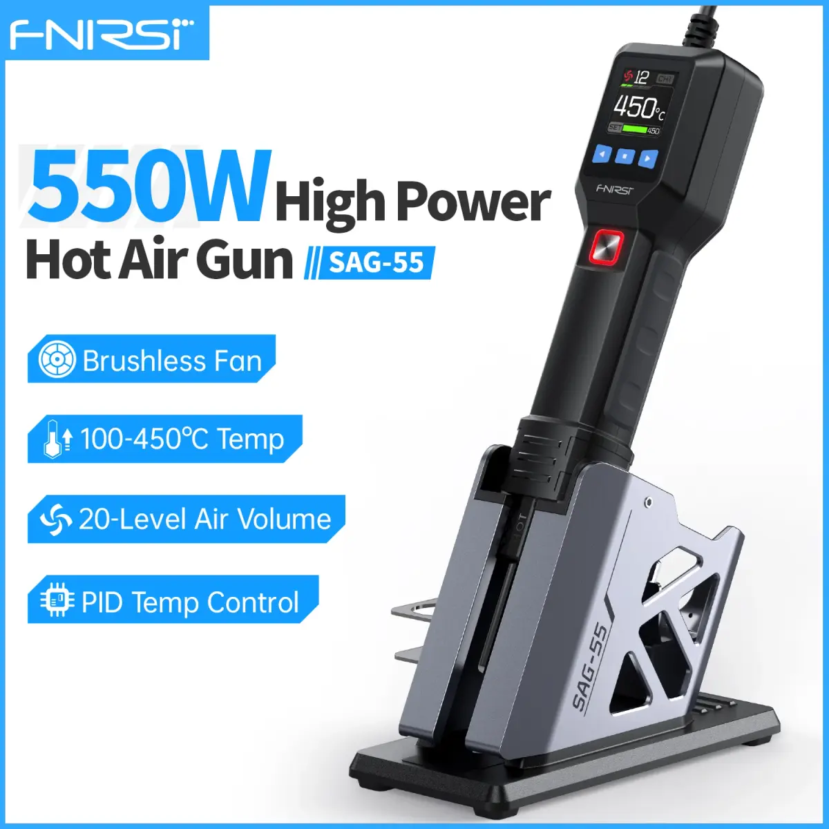 Fnirsi SAG-55 micro pistola de ar quente 550w com suporte bga retrabalho lcd digital secador de cabelo pistola de calor de solda para ferramentas de reparo de soldagem