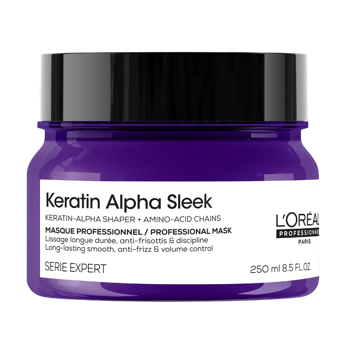 L'Oréal Professionnel Keratin Alpha Sleek Máscara capilar profissional l Nutre, remodela a alfa-queratina do cabelo l Fios alinhados, controle de frizz e volume l Maciez, hidratação e brilho l 250g