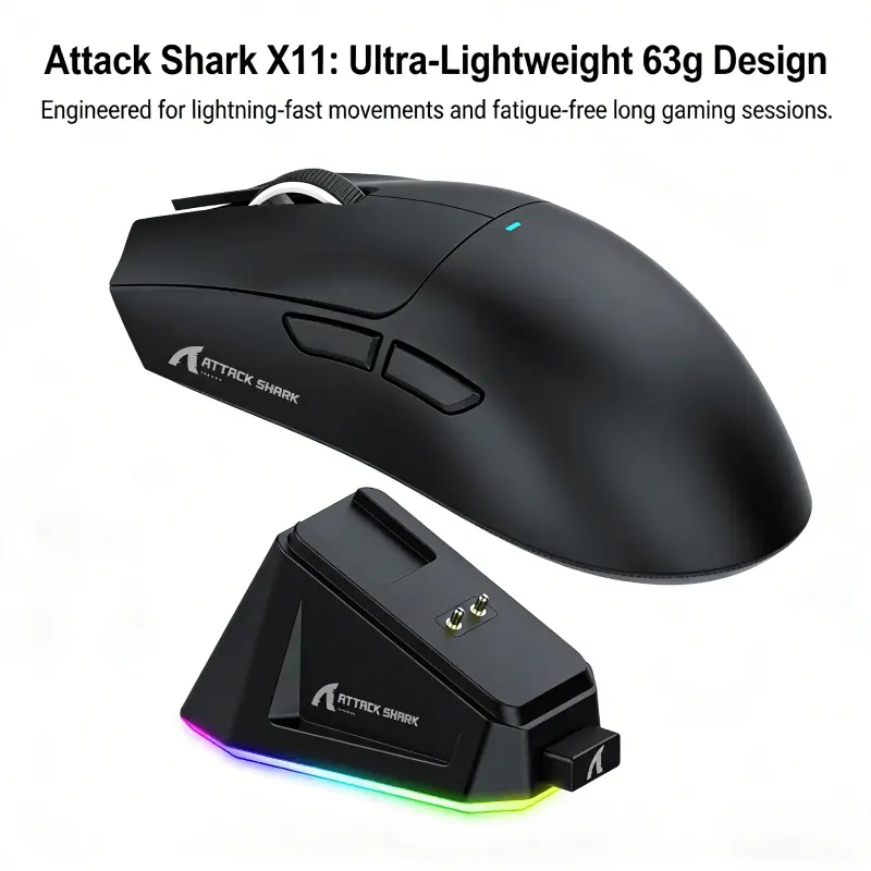 Mouse Attack Shark X11 Bluetooth para notebook sem fio com dock de carregamento magnético 63 g ultraleve 22000 DPI novo