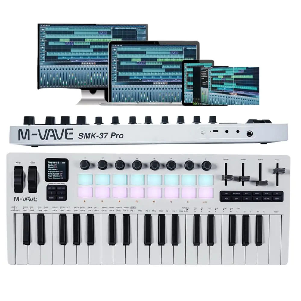 M-VAVE SMK-37 PRO Controlador MIDI Teclado, com 37 Teclas, 16 Pads RGB Sensor de Força, DX-7, Interface Áudio USB-C, BT Wireless, Bateria, Compatível com todas as DAWs, Windows, Mac, iOS, Android