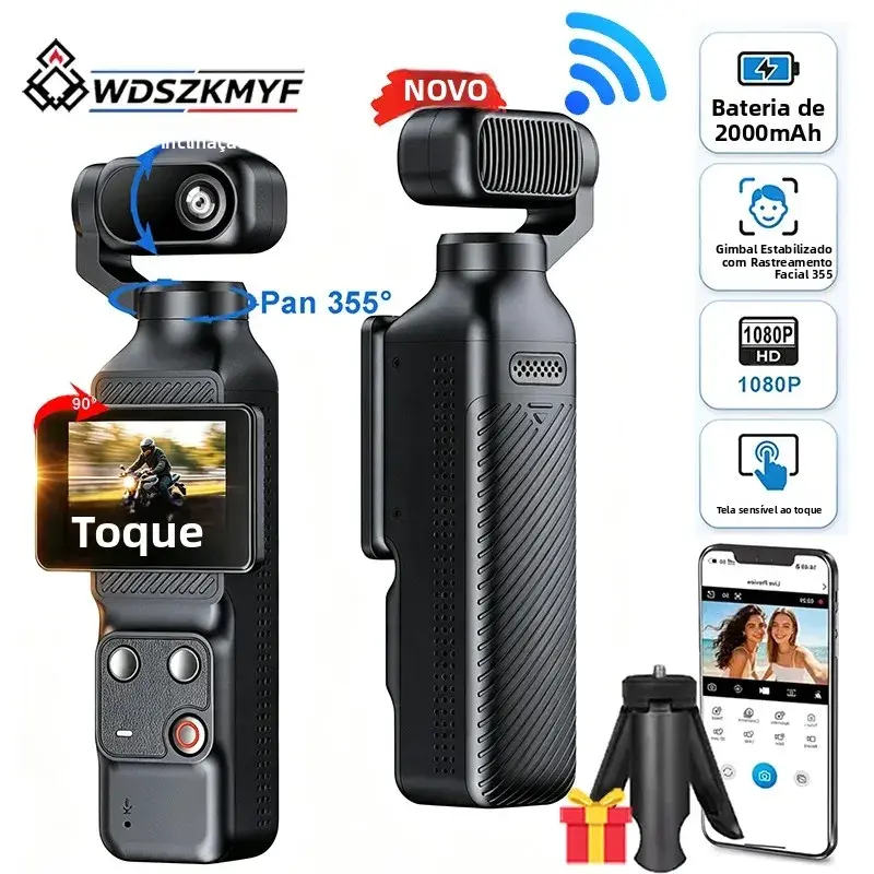 Câmera de Ação Portátil com Gimbal WiFi 1080P Tela Sensível ao Toque 355 °   Estabilizador Automático de Rastreamento Facial, Pequena Câmera de Vídeo para Vlogs de Viagem