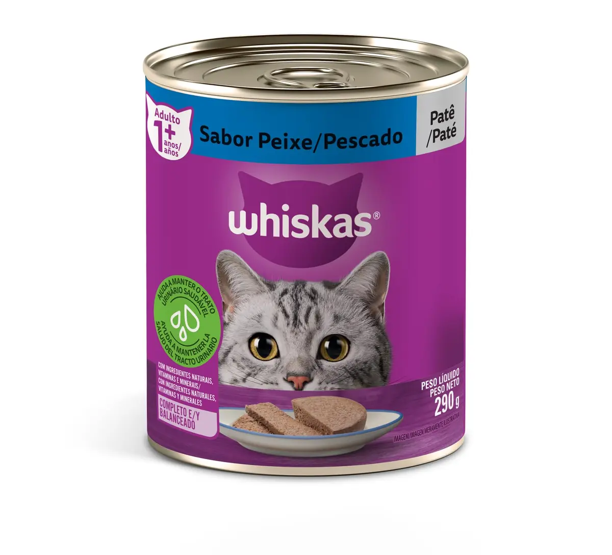 Pack de Ração Úmida Whiskas Lata Patê de Peixe para Gatos Adultos 290 g - 24 unidades