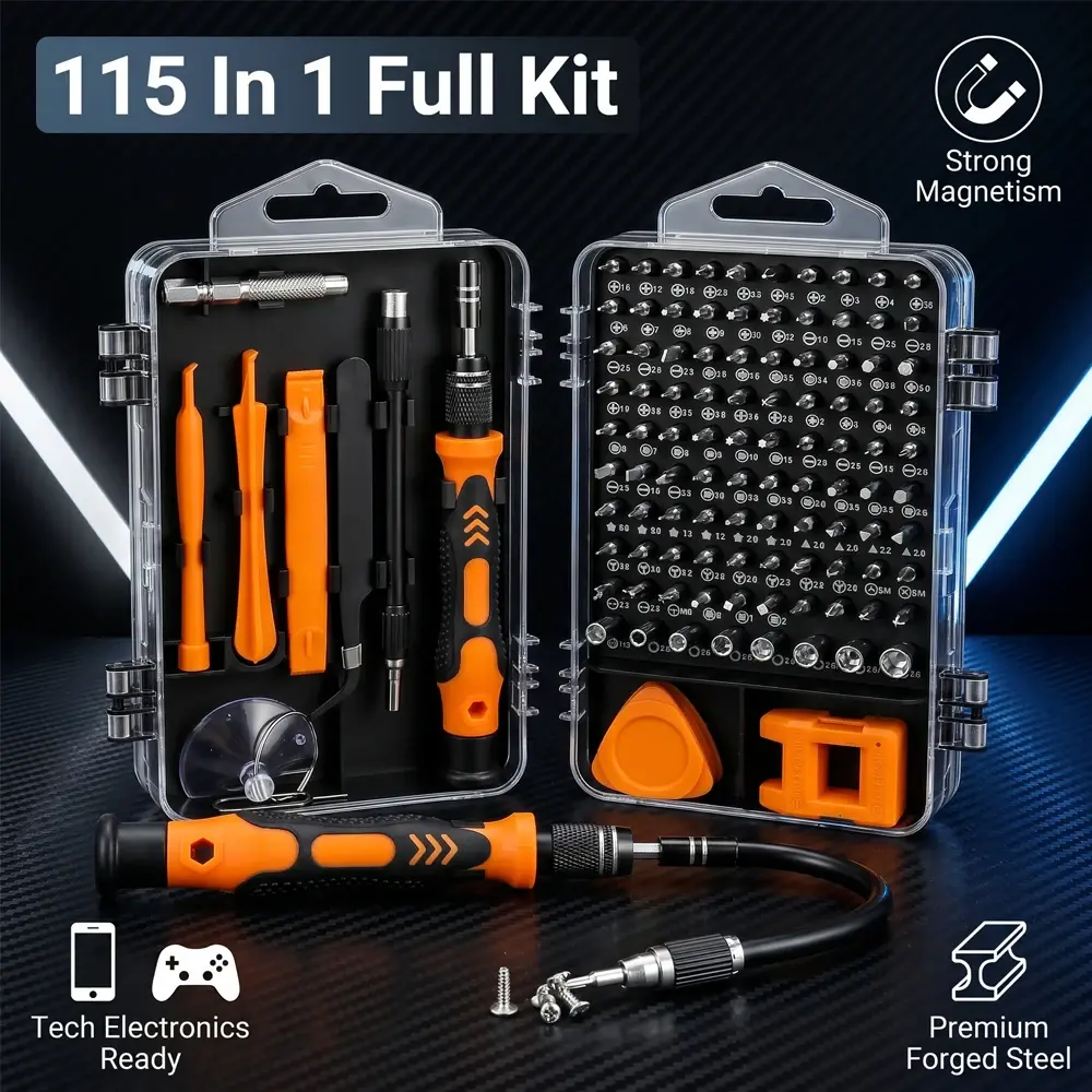 Conjunto de Chaves de Precisão 115 em 1 com Eixo Flexível e Pontas Magnéticas, Kit Profissional para Reparo de Eletrônicos, Laptops e Celulares