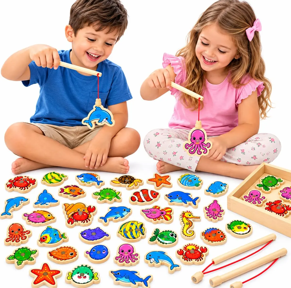 Pescaria Magnética Infantil de Madeira Montessori com 30 Peixinhos Coloridos e 2 Varas, Brinquedo Educativo para Crianças - 1