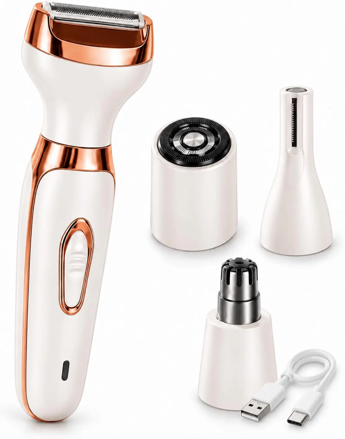 Depilador Feminino 4 em 1 USB-C para Rosto e Corpo, Recarregável Portátil | Aparelho feminino 4 em 1 recarregável USB-C, compacto e portátil, com acessórios para rosto e corpo.