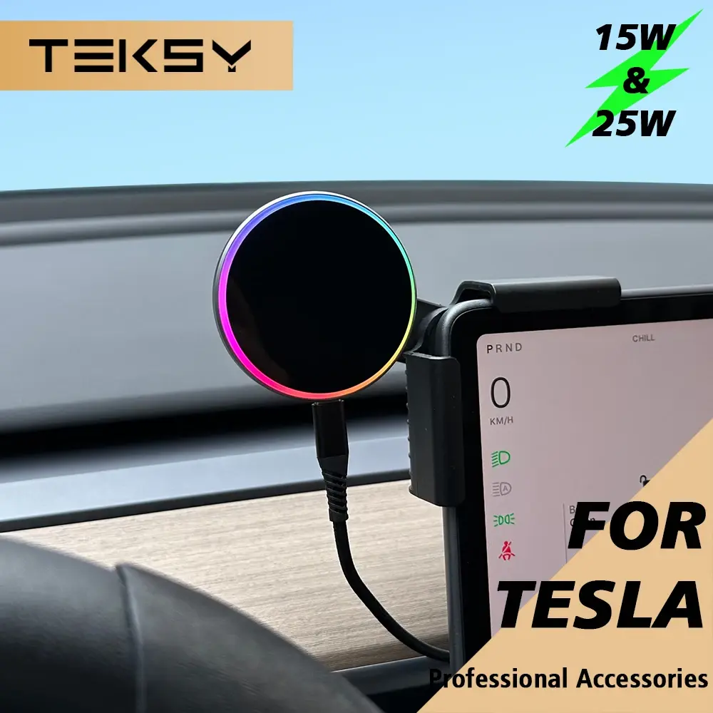 Suporte para Celular de Carro com Carregador Sem Fio Magnético de 15W e 25W Compatível com MagSafe para Tesla Model Y 3 JUNIPER 2026