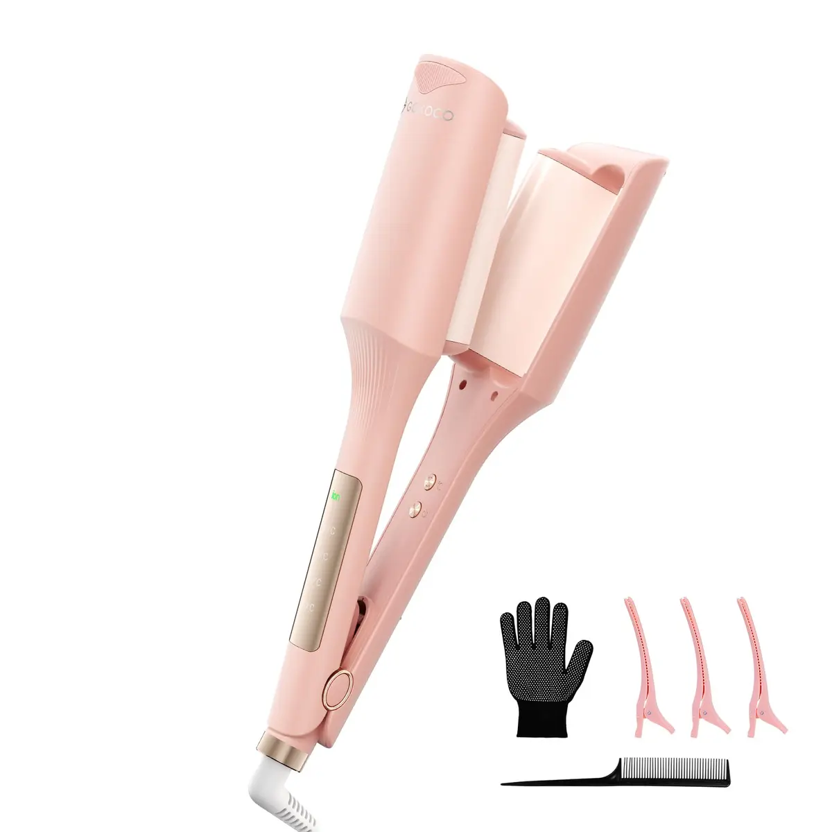 Modelador de Ondas para Cabelos 32 mm com Placas Duplo V,Bivolt Íons Negativos e Revestimento Cerâmico com Turmalina,4 Temperaturas e Visor Digital,GD057 Rosa