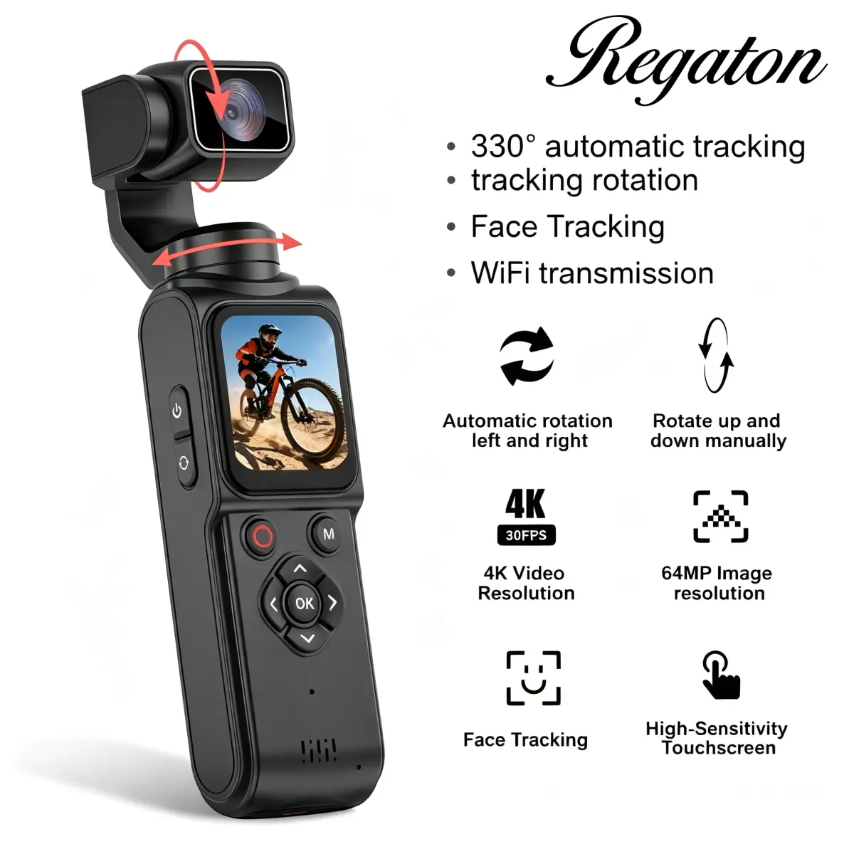 Câmera de Ação Regaton 4K 330 ° Estabilizador de Gimbal com Rastreamento Facial, Câmera Digital de Bolso de 64MP com Tela Sensível ao Toque de 1,72 Polegadas, WiFi, Esportiva, DJ