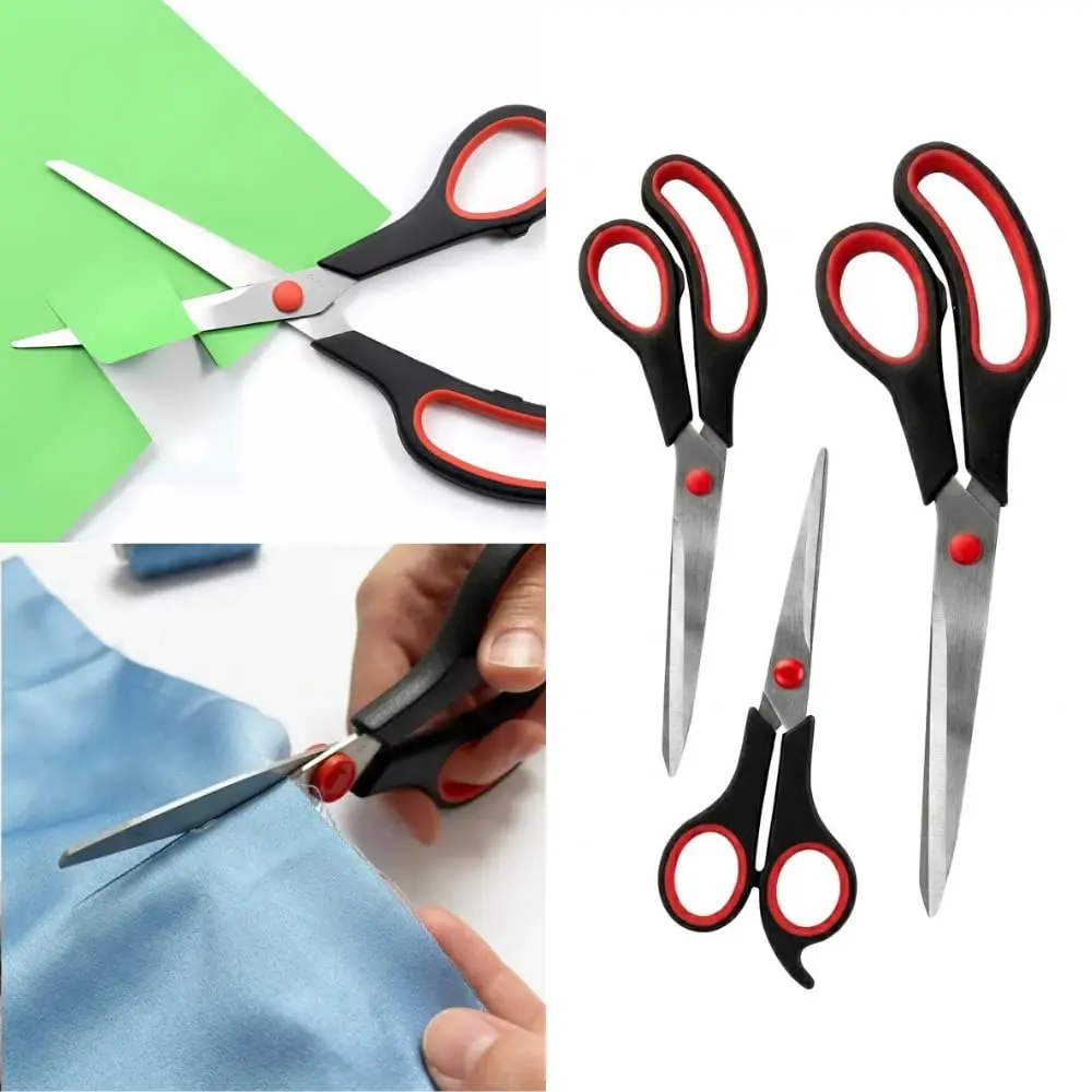 Kit 3 Tesouras Multiuso Aço Inox Conjunto Tesoura Papel e Tecido, Vermelho