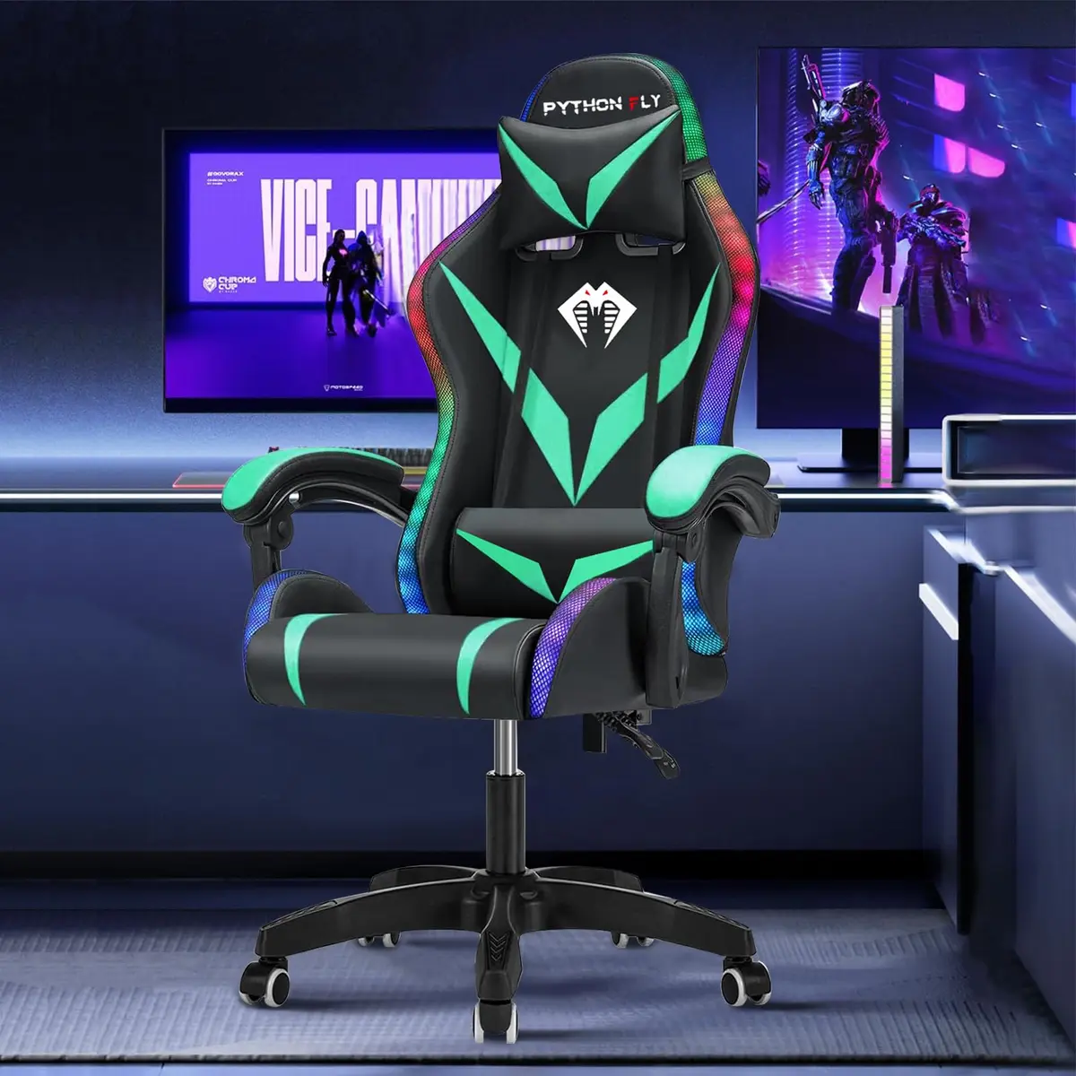 Cadeira Gamer RGB Python Fly com Iluminação Decorativa, Encosto Reclinável, Design Ergonômico para Escritório e Jogos (Verde) - 1