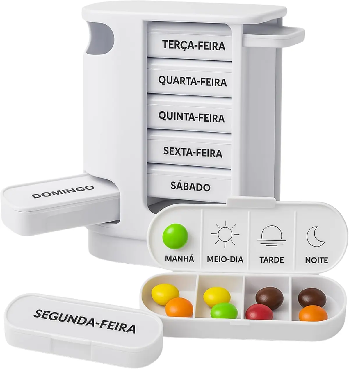 Porta Comprimidos Semanal Caixinha de Remédio Organizador de Medicamento Estojo Diário Cápsulas Casa Buritis (Branco)