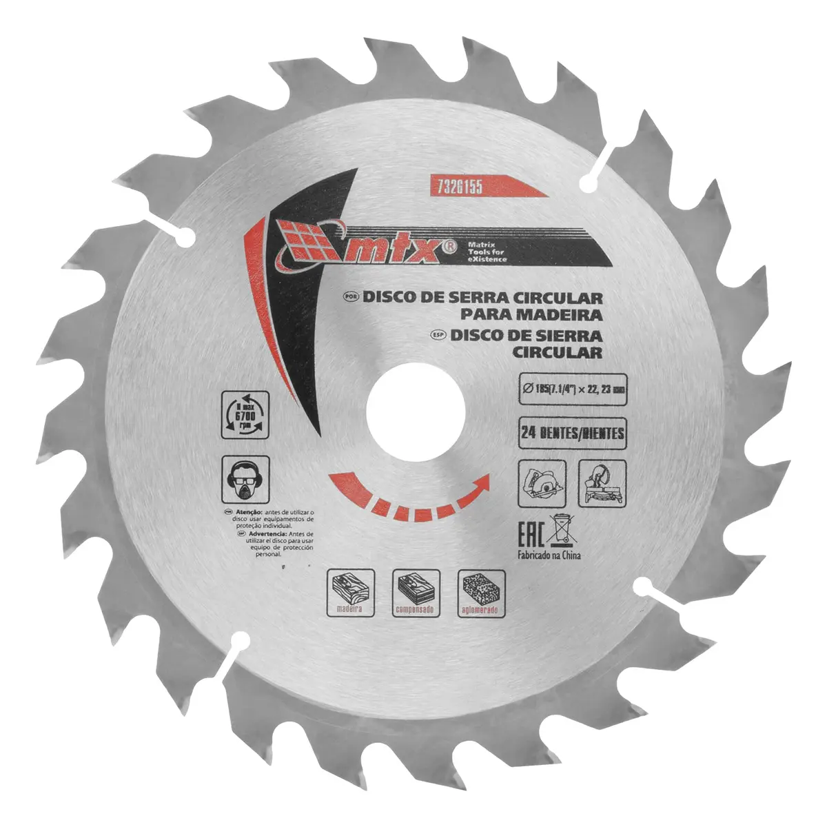 MTX Disco Circular Widea 185 mm × 22,23 mm × 24 Dentes – Aço 65G, Corte Longitudinal e Transversal em Madeira - 1