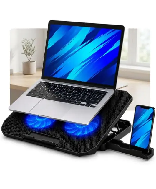 Suporte para Notebook com Cooler Duplo Silencioso 8 Níveis de Altura USB | Base Ventilada Ajustável para Notebook até 17 Polegadas Alivia o Calor e Melhora a Postura Ligação USB Sem Fonte Externa - 1