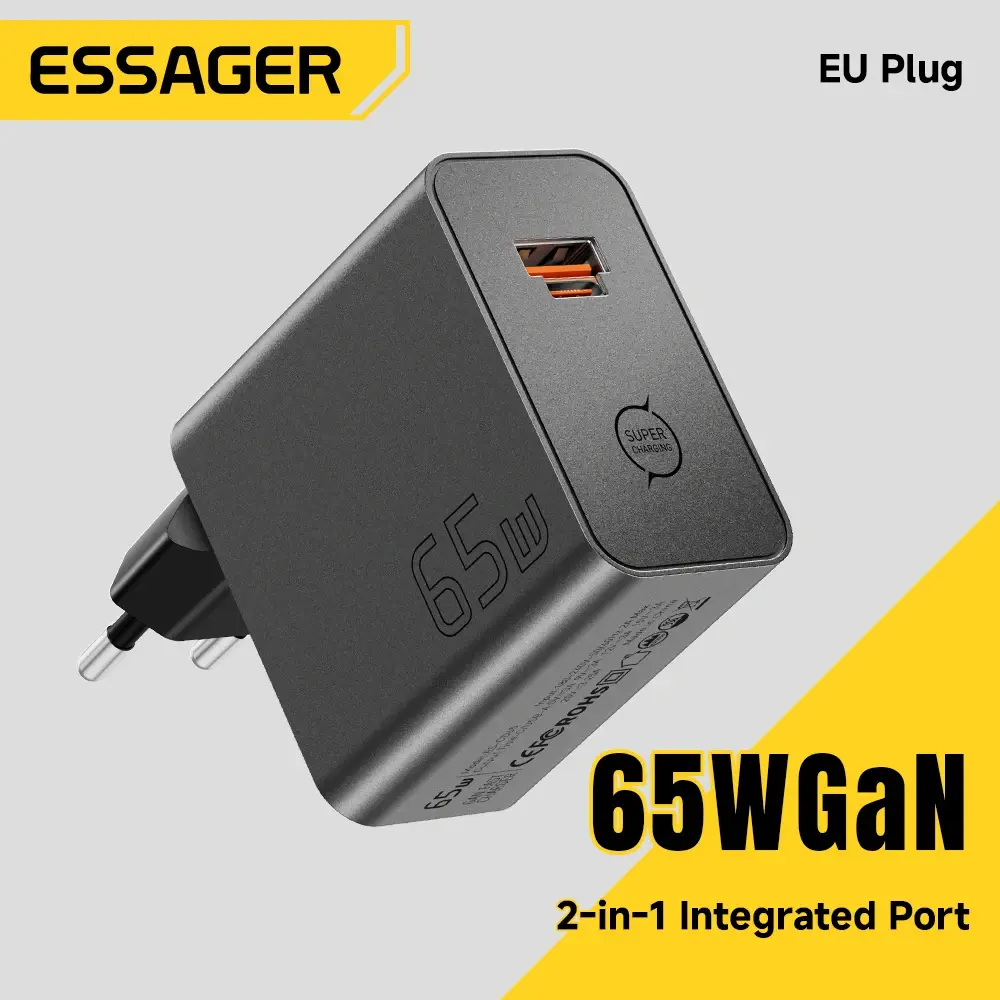 Carregador GaN ESSAGER 65W PD3.0 PPS QC4.0 Totalmente Compatível com iPhone 17 16 Samsung S26 MacBook Air Huawei Laptop Carregador Rápido PD