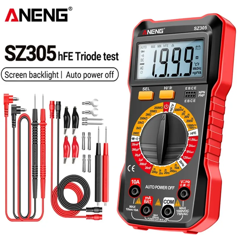 Multímetro Digital ANENG SZ305 Profissional, Medidor de Tensão AC/DC, Amperímetro, Capacitância, HFE, Triodo, Testador Elétrico com Indução de Tensão NCV