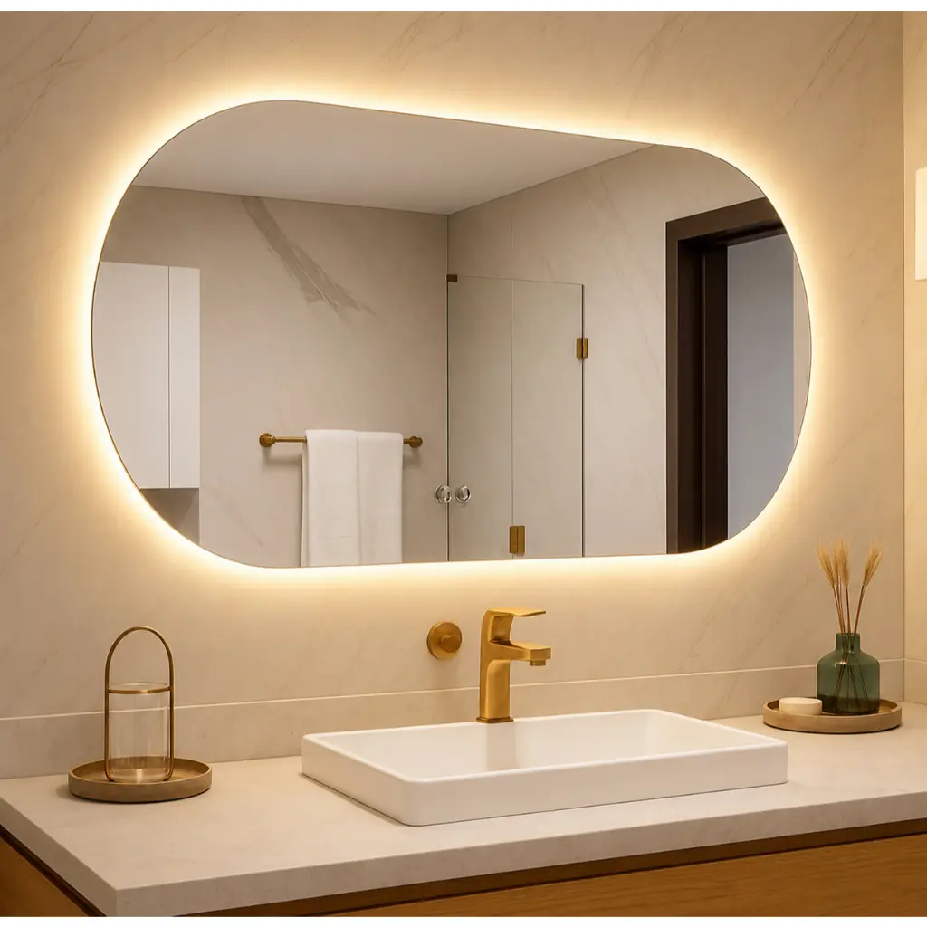 Espelho Oval Orgânico LED Luz Quente e Fria 80x50 e 40x50 Banheiro Lavabo Penteadeira Quarto Sala Iluminado Parede - 1