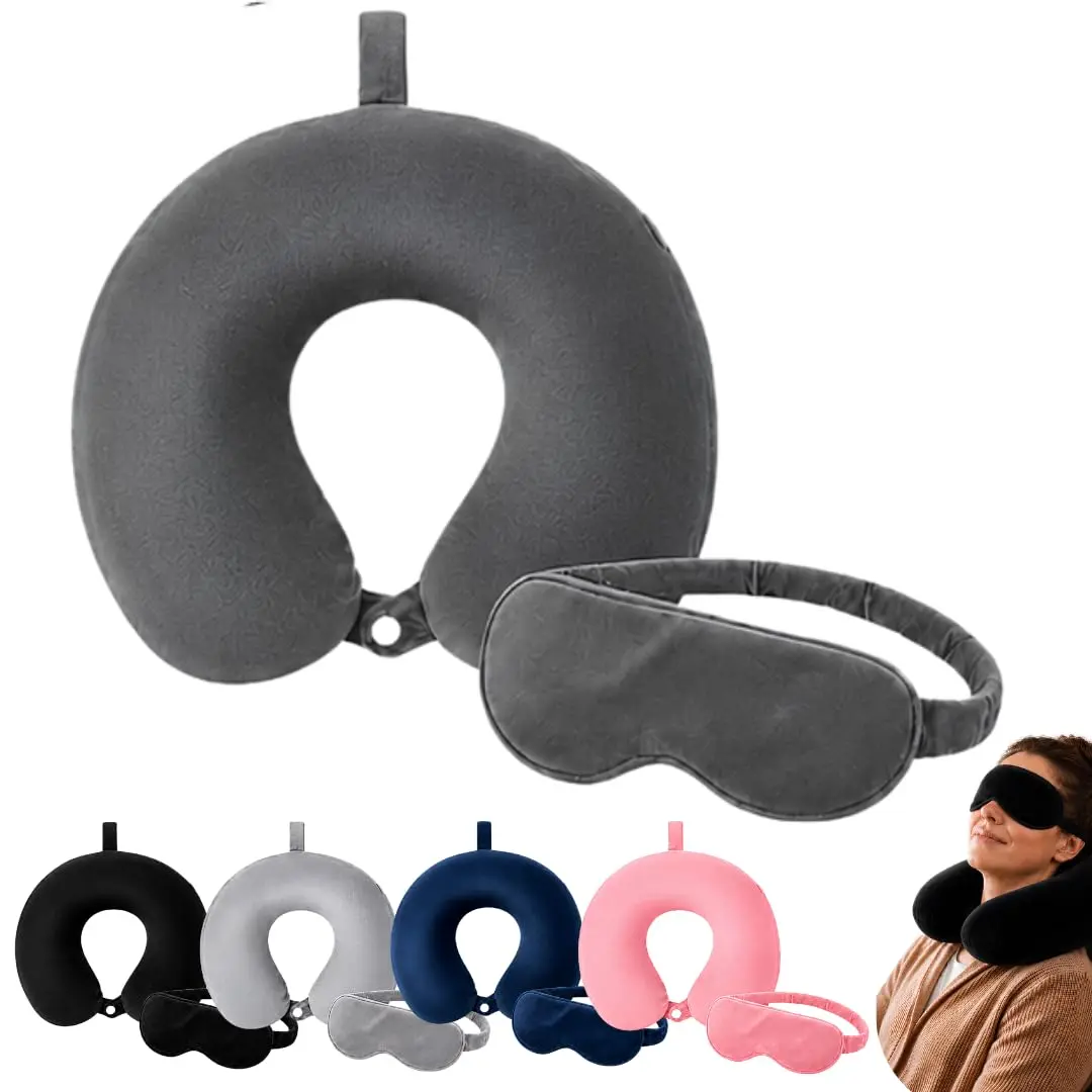 Almofada de Pescoço C/Espuma de Memória e Máscara para Olhos | Cinza Escuro | Conforto e suporte para pescoço em viagens e momentos de descanso. Acompanha máscara para olhos para maior comodidade.