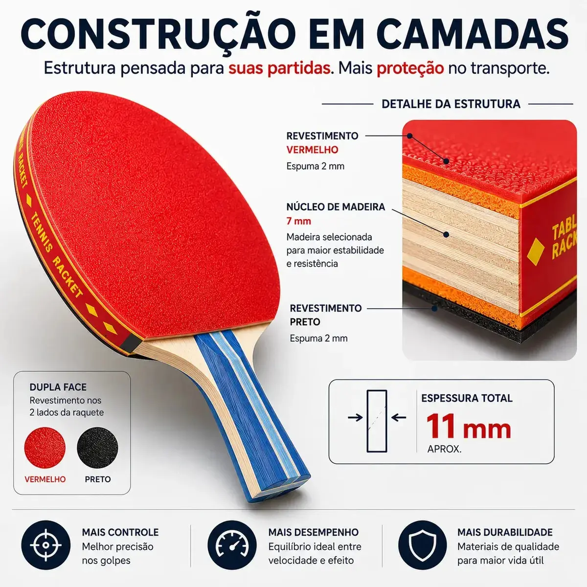 Raquete de Ping Pong Profissional com Raqueteira e 3 Bolinhas de 40mm thumbnail 3