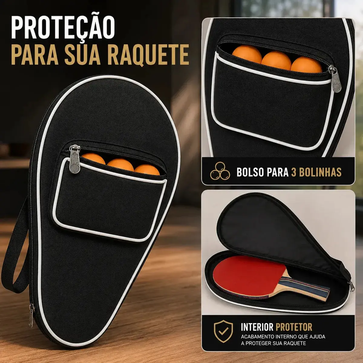Raquete de Ping Pong Profissional com Raqueteira e 3 Bolinhas de 40mm thumbnail 6