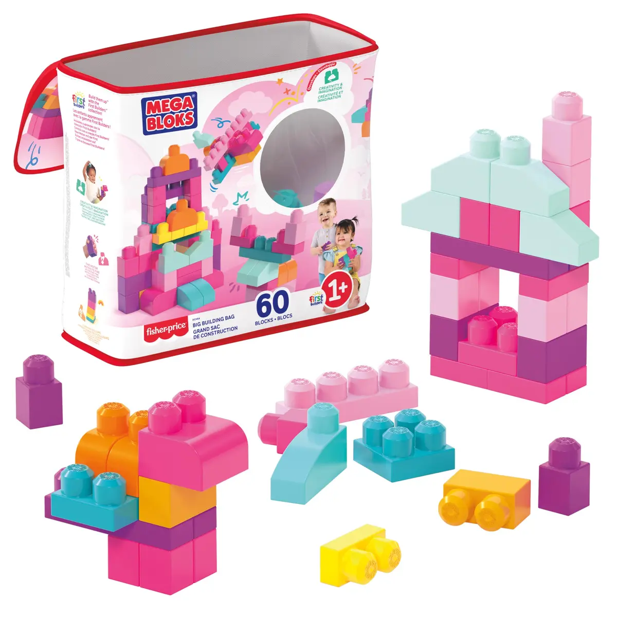 MEGA BLOKS, Conjunto com 60 Grandes e Coloridos Blocos de Montar e 1 sacola de Armazenamento, Conjunto de Presente de Brinquedo para Idades a partir de 1 ano, DCH54
