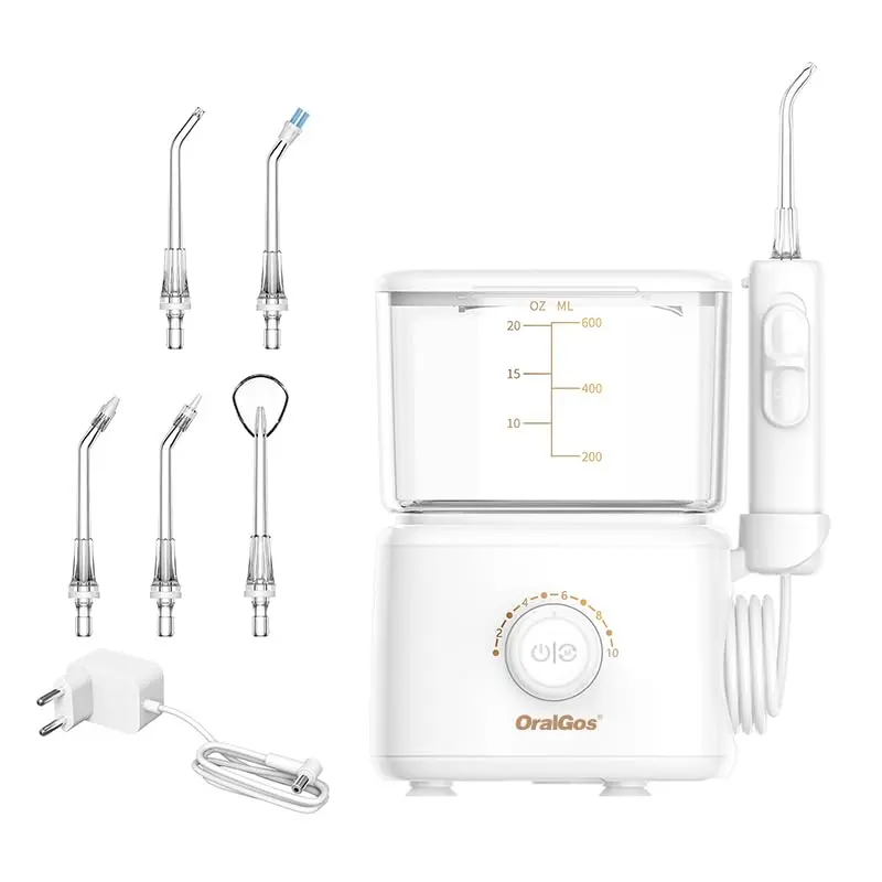 OralGos Irrigador Bucal Profissional, Reservatório de 600ml, Bivolt, Multifuncional Saúde, Limpeza Profunda, Jato de Água Ultrassônico, 10 Níveis de Pressão, Escova Elétrica, Versão Familiar, 5 Pontas Substituíveis, Branco