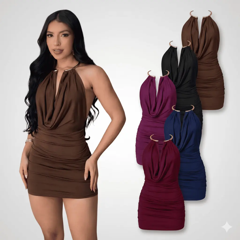 Vestido Feminino Curto Decote Profundo Premium Argola Dourada no  Pescoço Halter Neck Tendência Colar