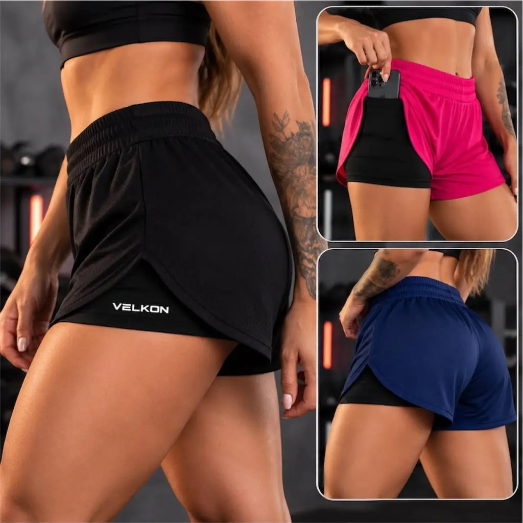 Shorts 2 em 1 Feminino Fitness c/ Bolso para Celular Forro de Compressão Cintura Elástica Academia Corrida Treino VELKON