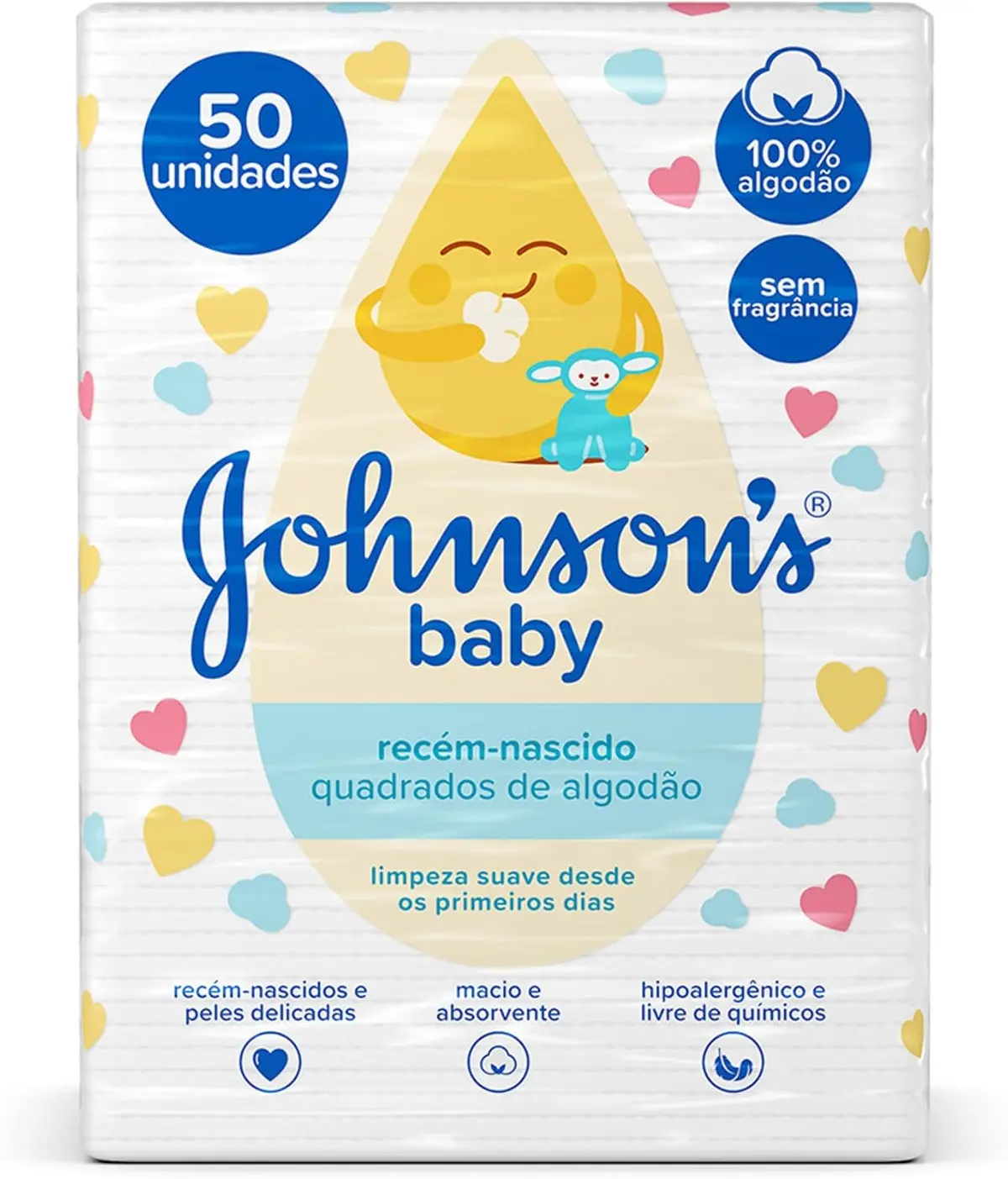 Quadrados de Algodão Johnson's Baby, Recém-Nascido, 50 Unidades