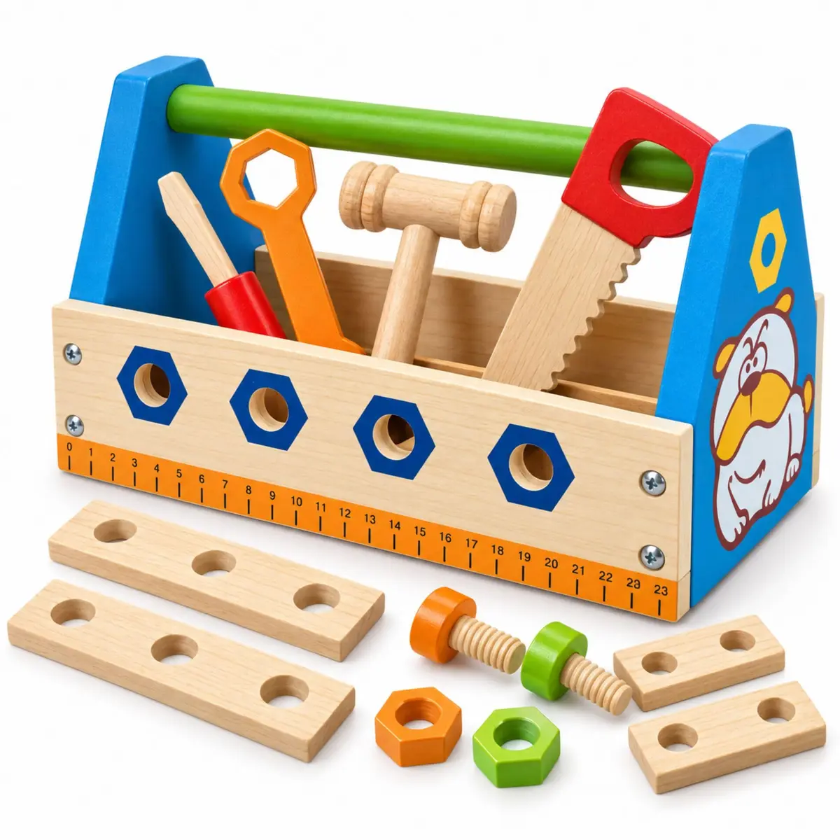 Caixa Ferramenta Infantil Madeira Brinquedo Educativo 3 Anos | Kit Construtor, Faz de Conta, Martelo, Serrote, Chave Inglesa, Chave de Fenda, Parafuso, Montar, Menino, Menina, Oficina - 1