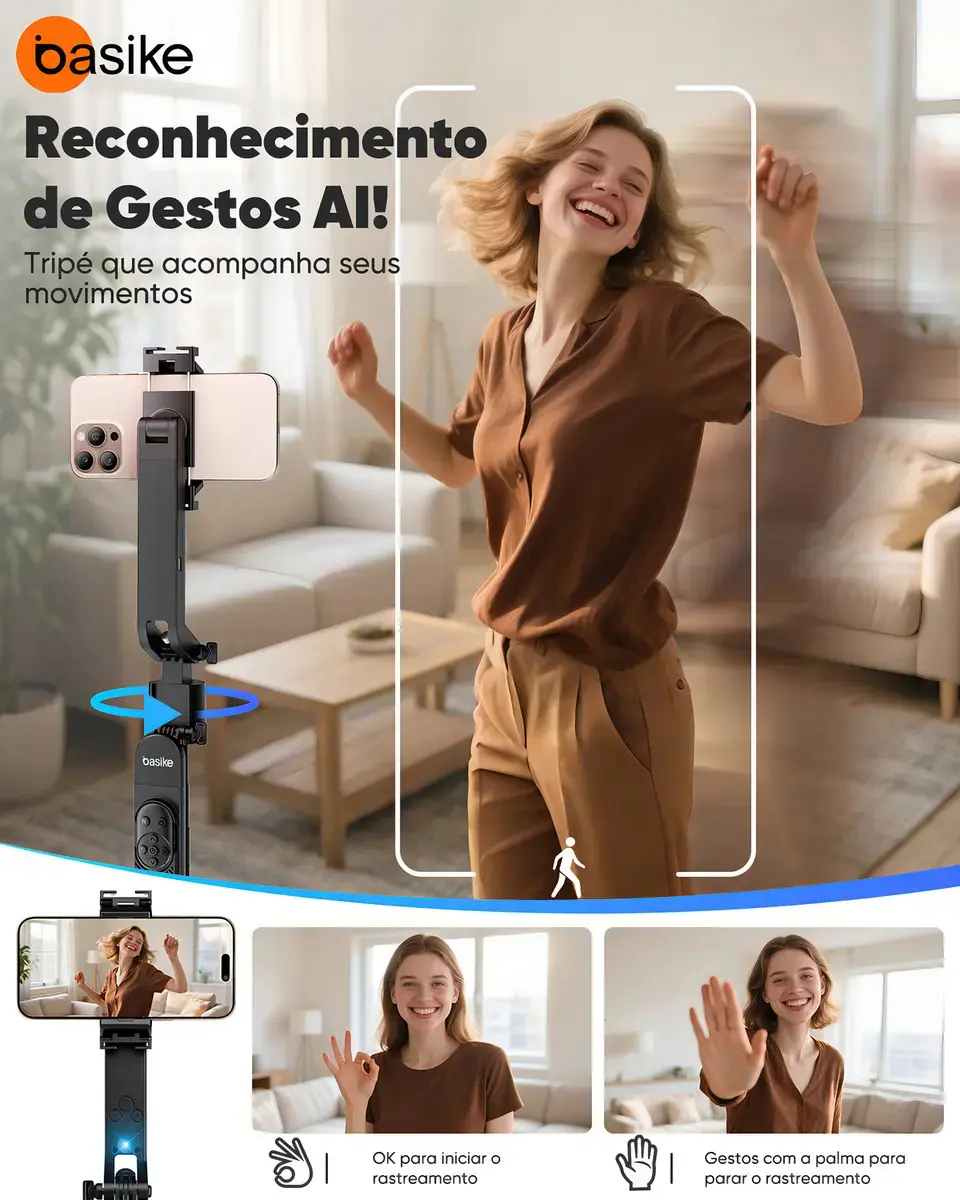 Tripé Para Celular e Câmera Basike 180cm com Rastreamento Facial IA e Controle Bluetooth thumbnail 2